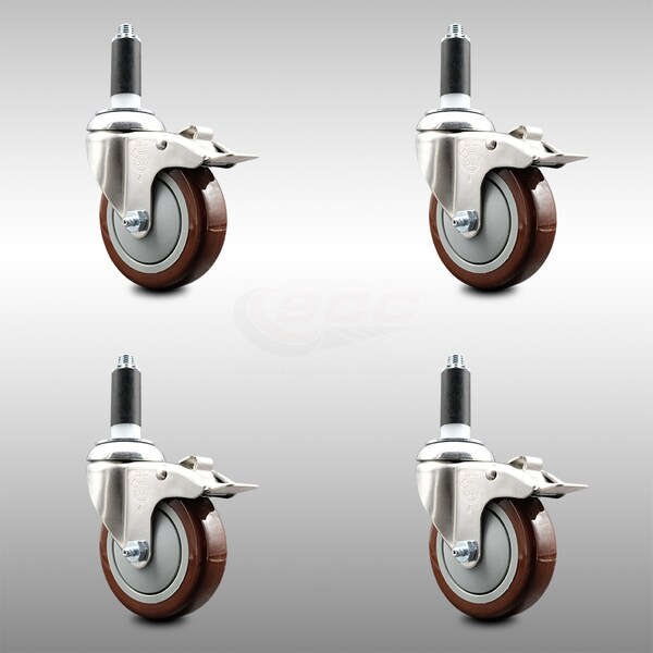 Service Caster 4 Inch 316SS Maroon Poly Swivel 1-1/8 Inch Expanding Stem Caster Set Lock Brake SCC-SS316TTLEX20S414-PPUB-MRN-118-4 - main